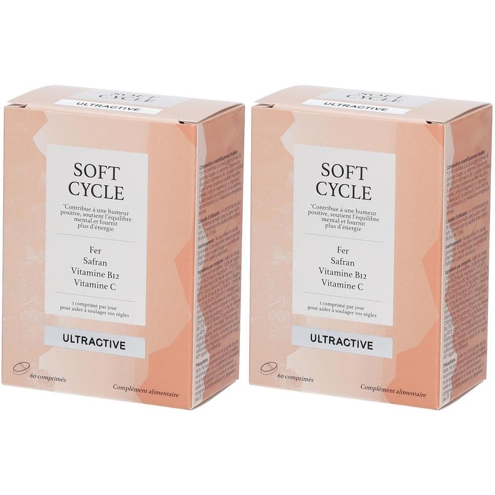 Deux boîtes de Soft Cycle Ultractive contenant Fer, Safran, Vitamine B12 et Vitamine C.