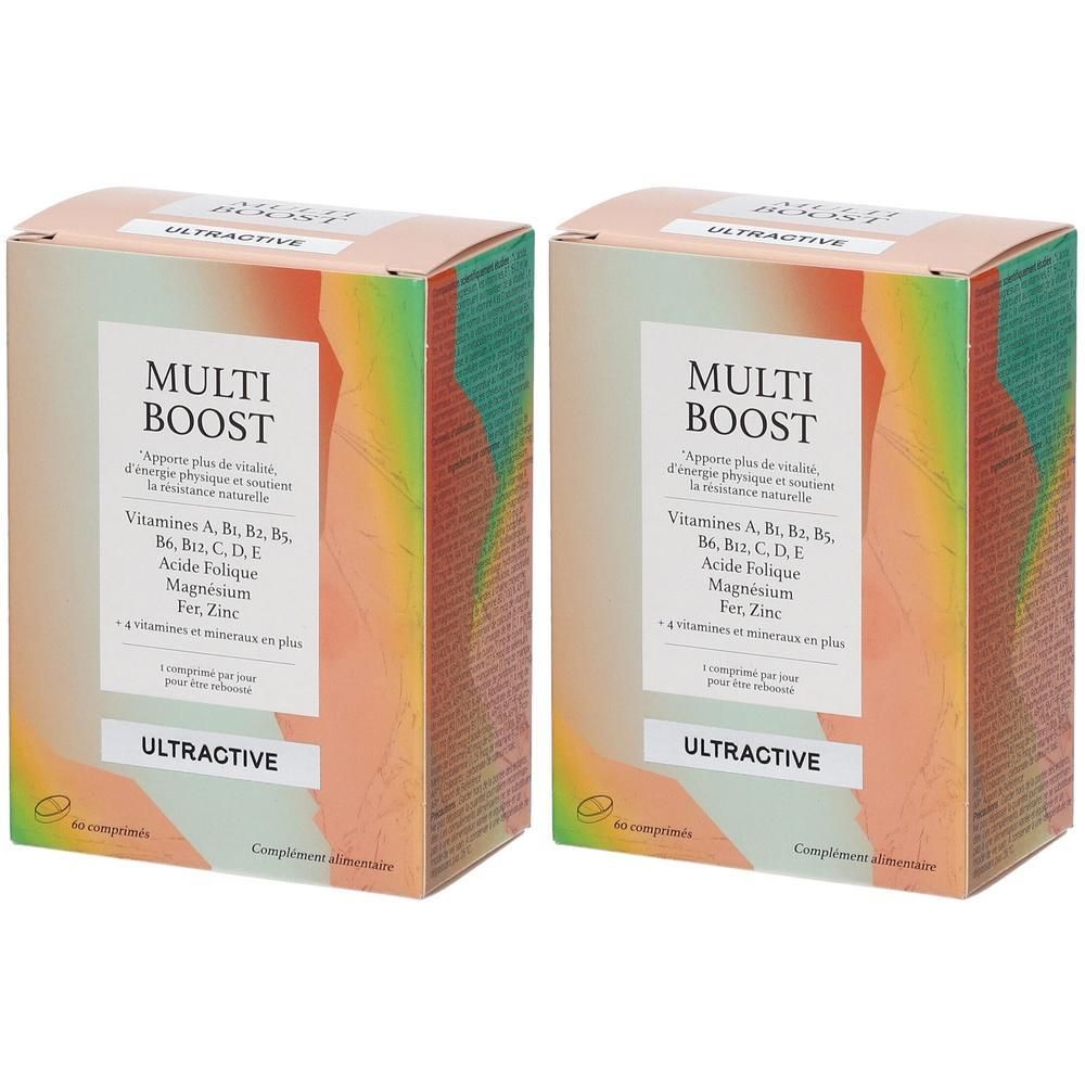 Deux boîtes de compléments alimentaires Ultractive Multi Boost, contenant vitamines et minéraux.