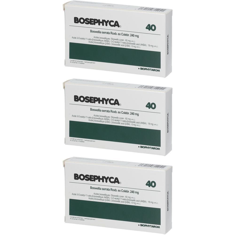 Trois boîtes Biophytarom Bosephyca 40 avec extrait de Boswellia serrata.