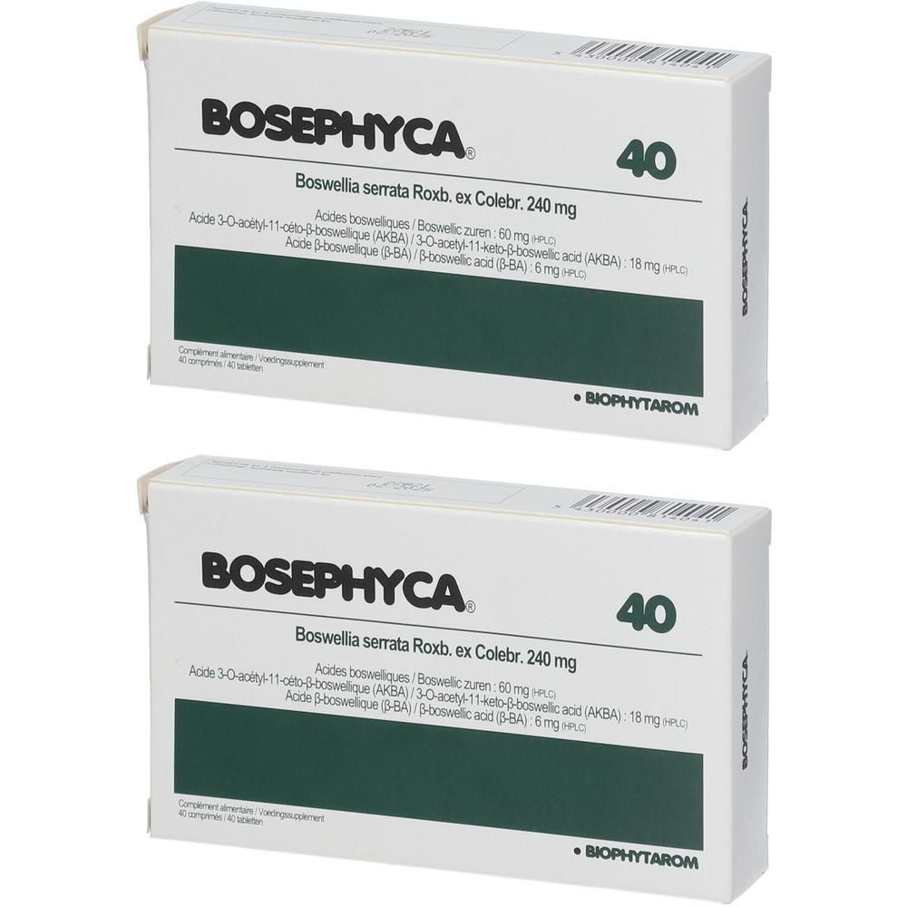 Deux boîtes de Bosephyca, 40 comprimés chacune. Contient Boswellia serrata Roxb. ex Colebr. 240 mg.