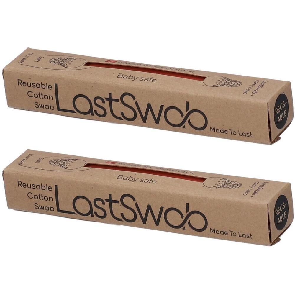 Twee herbruikbare wattenstaafjes LastSwab Baby perzik, verpakt in kartonnen doosjes.