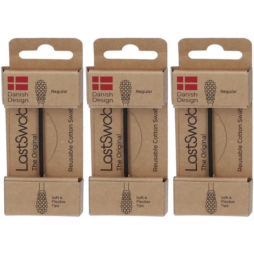 Trois paquets de LastSwab Basic coton-tige réutilisable noir. Design danois.