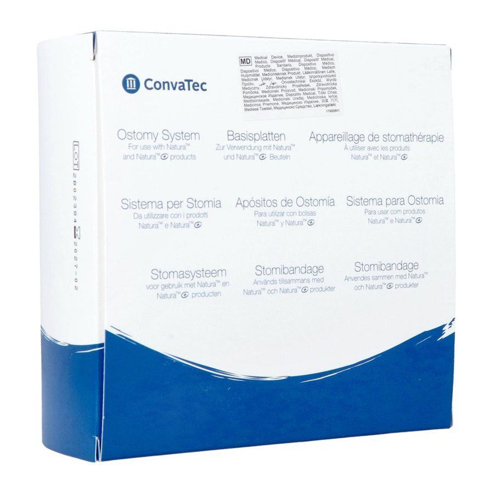 Emballage d'un système d'ostomie ConvaTec avec inscriptions multilingues.