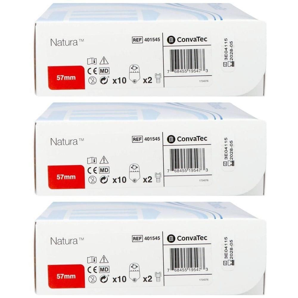 Trois emballages Natura 57mm de ConvaTec, chacun contenant 10 pièces.