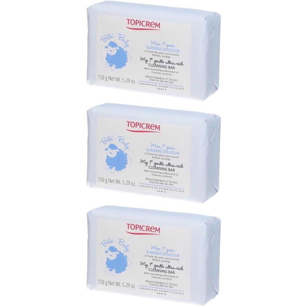 Drie TOPICREM Baby zeeprepen met schaapillustratie. 150g Net.