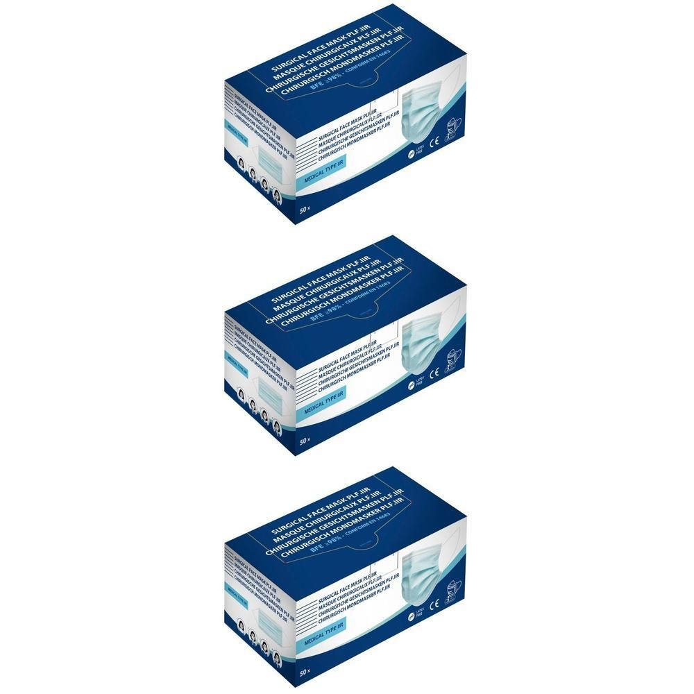 Trois paquets de masques chirurgicaux Type IIR, bleus. Chaque paquet contient 50 masques.