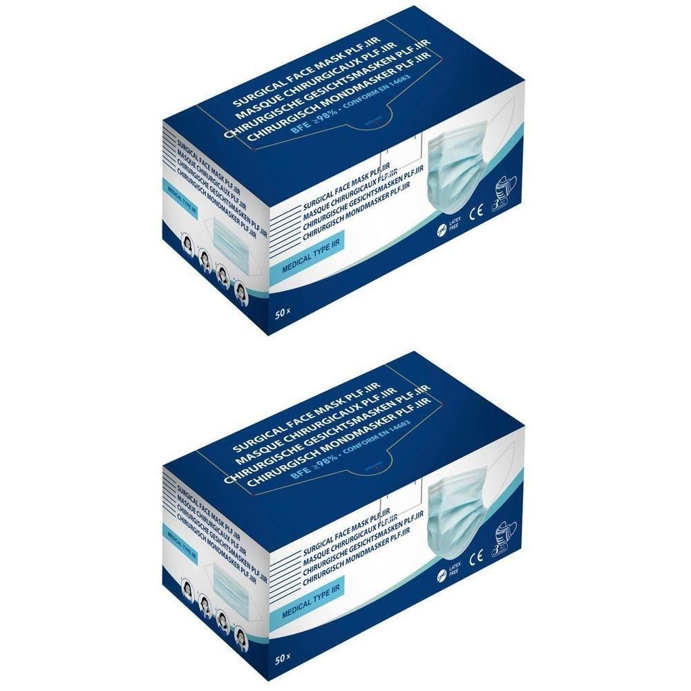 Twee pakken blauwe chirurgische maskers Type IIR. Dozen met productinformatie en CE-markering.