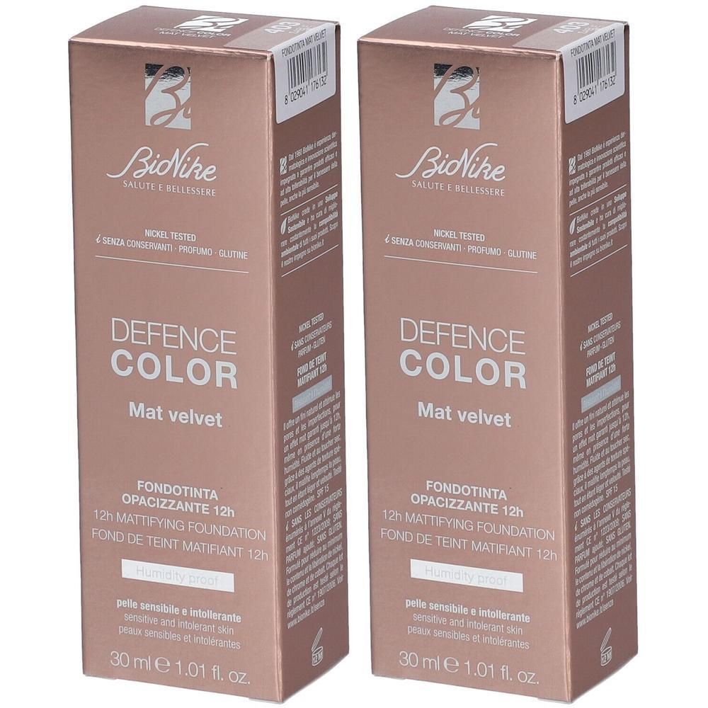 Deux boîtes BioNike Defence Color Mat Velvet Foundation 403 Sand, 30ml chacune.