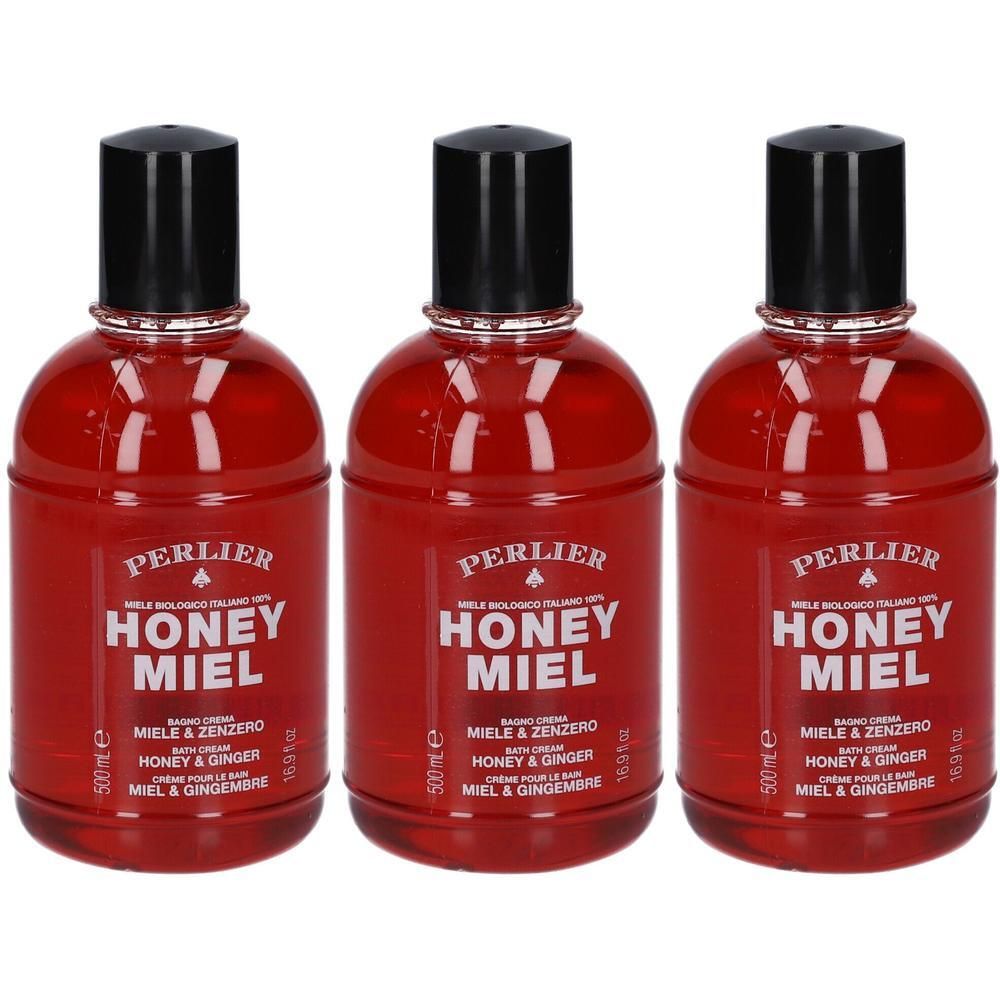 Trois flacons rouges Perlier Honey Miel avec bouchon noir. 500ml.