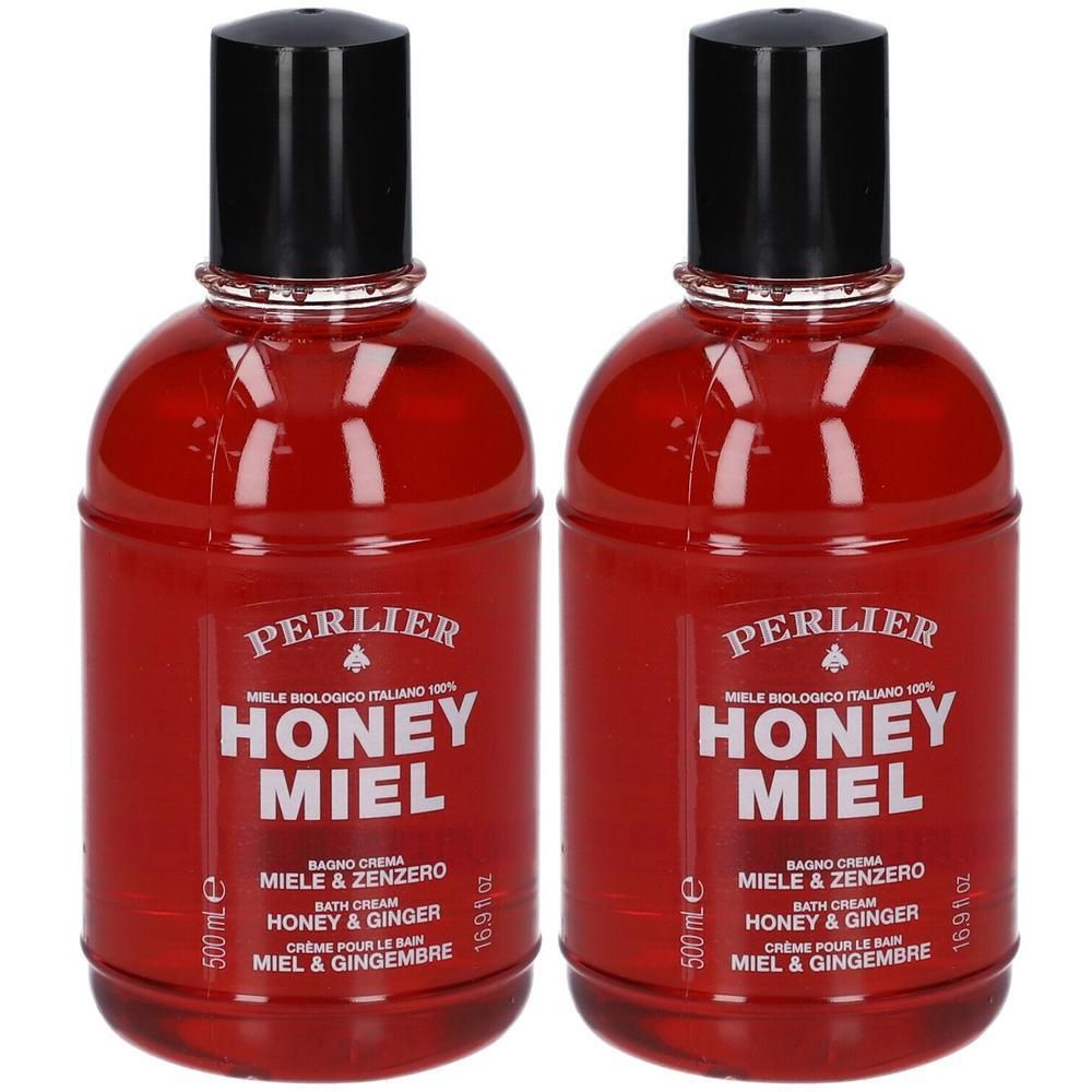 Deux flacons rouges de crème de bain PERLIER Miel & Gingembre, 500 ml chacun.