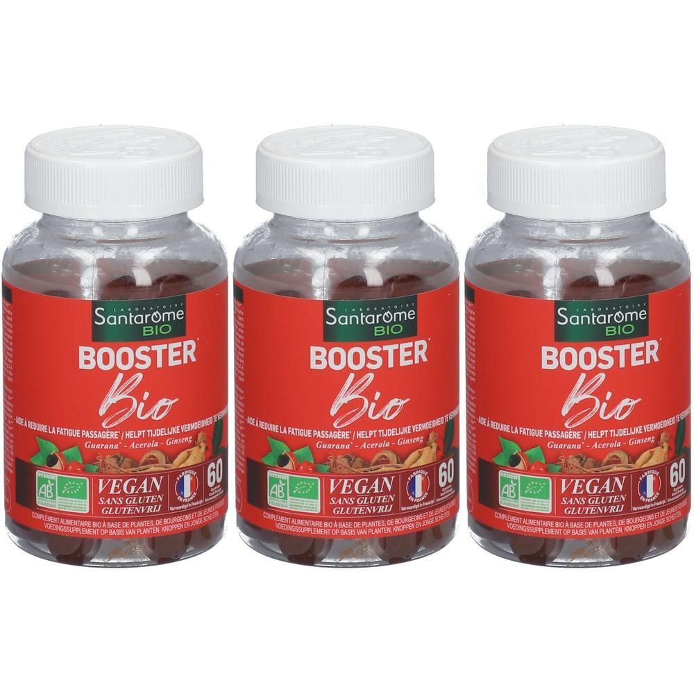 Drie flessen Santarome Booster Bio met 60 vegan capsules.