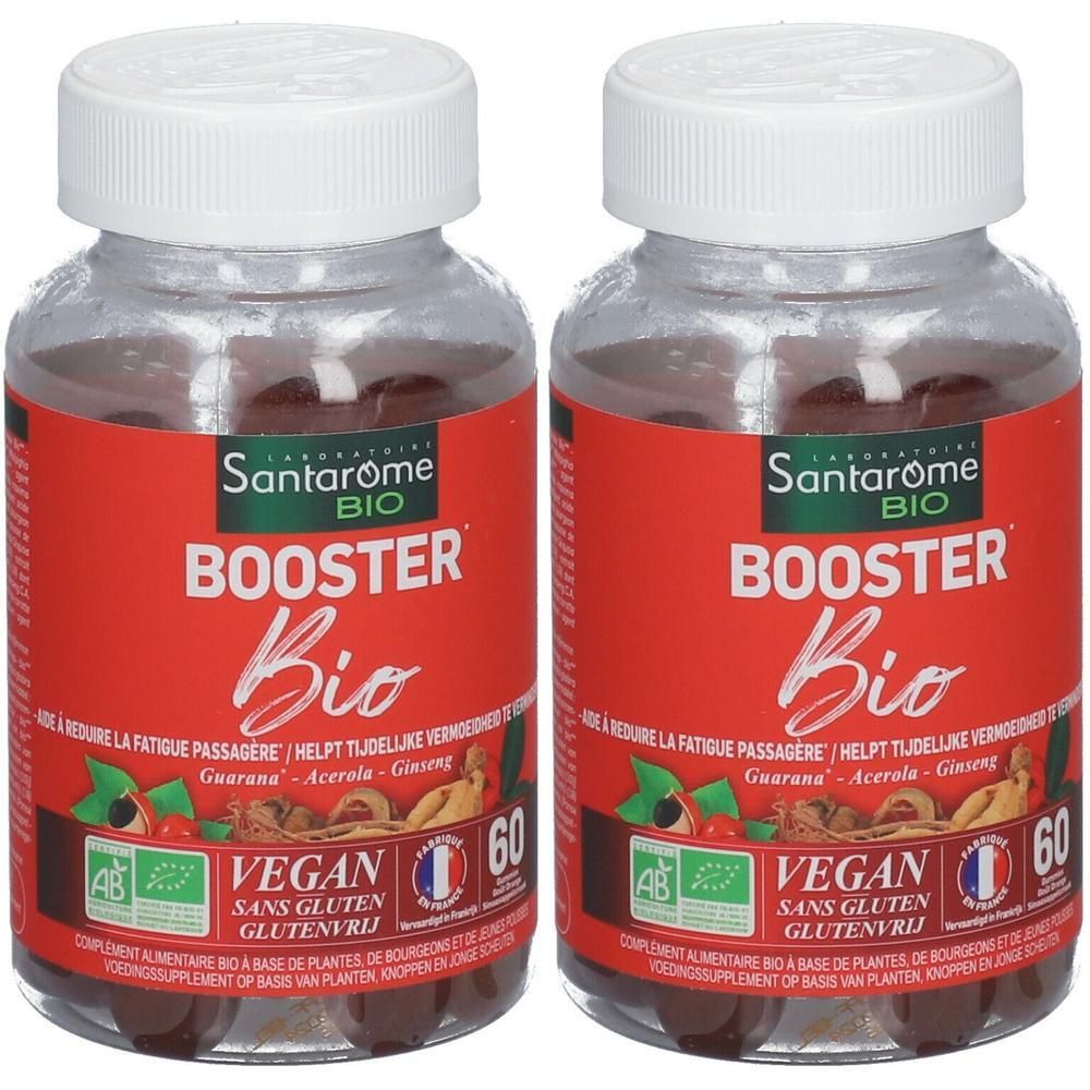 Twee flessen Santarome Booster Bio met elk 60 vegan capsules. Rode etiketten met Bio- en Vegan-keurmerken.