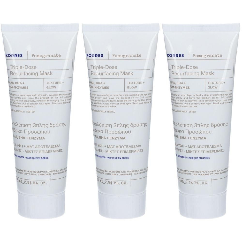 Trois tubes blancs de Korres Pomegranate Triple-Dose Resurfacing Mask, 75 ml chacun.