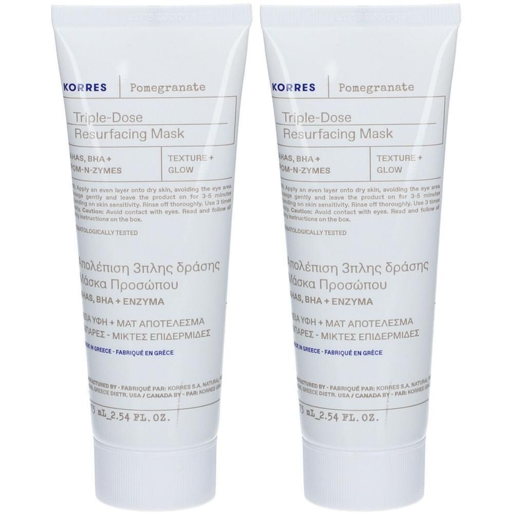 Deux tubes de Korres Pomegranate Triple-Dose Resurfacing Mask, 75 ml chacun.
