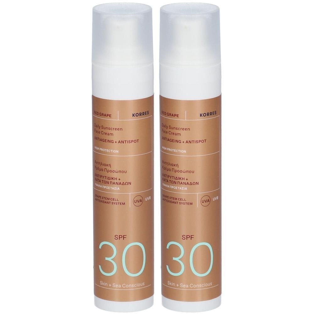 Twee Korres zonnebrand gezichtscrèmes SPF 30, anti-aging en anti-vlekken.