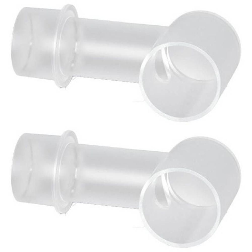 Deux adaptateurs coudés transparents pour appareils médicaux, en plastique.