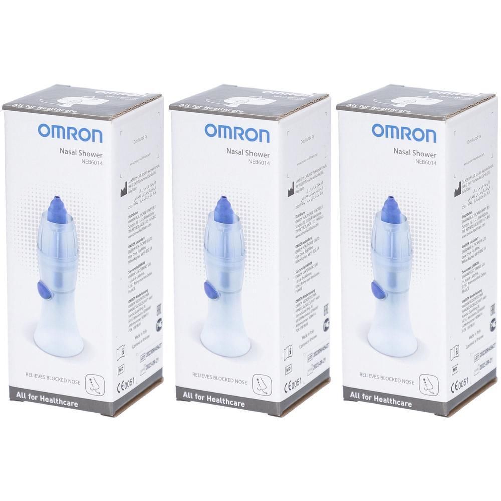 Drie Omron neusdouches in wit en blauw, verpakt in dozen.