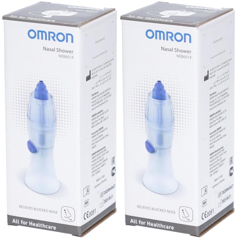 Twee Omron Neusdouches NEB6014 in verpakking. Witte en blauwe kunststof apparaten.