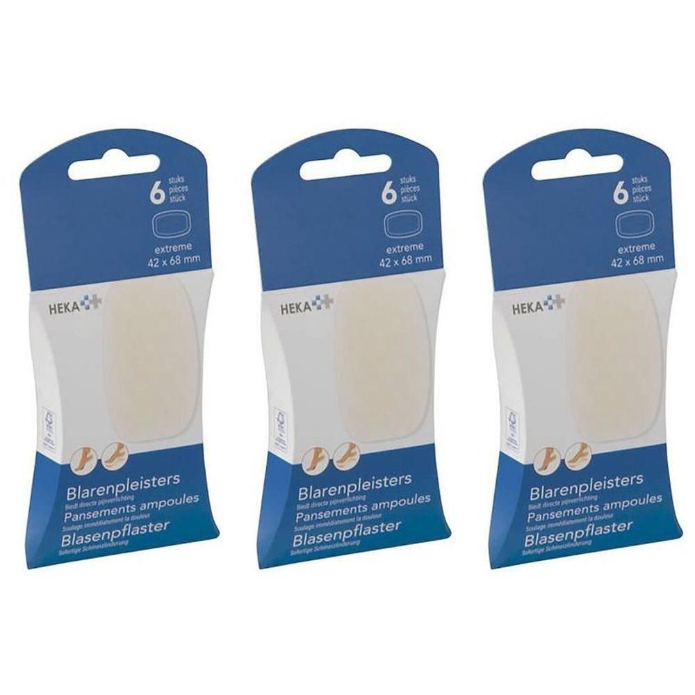 Trois paquets de pansements ampoules Heka, 42 x 68 mm, 6 pièces par paquet.