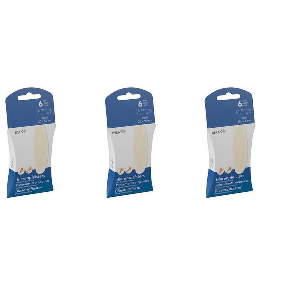 Drie pakjes Heka blarenpleisters, klein, 20 x 65 mm, met 6 stuks per pakje.
