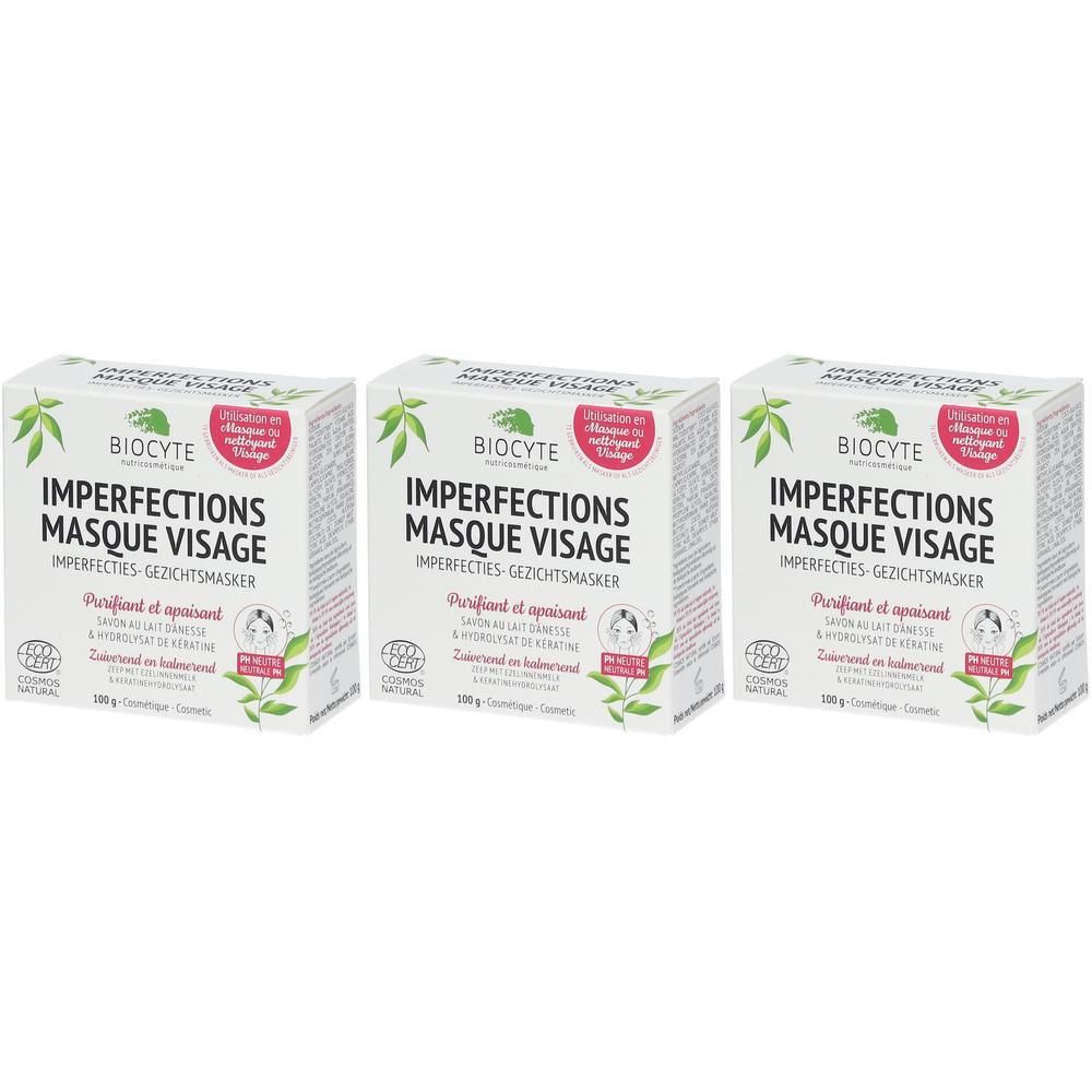 Drie verpakkingen Biocyte Imperfections Gezichtsmasker. Witte dozen met groene bladeren en roze accenten.
