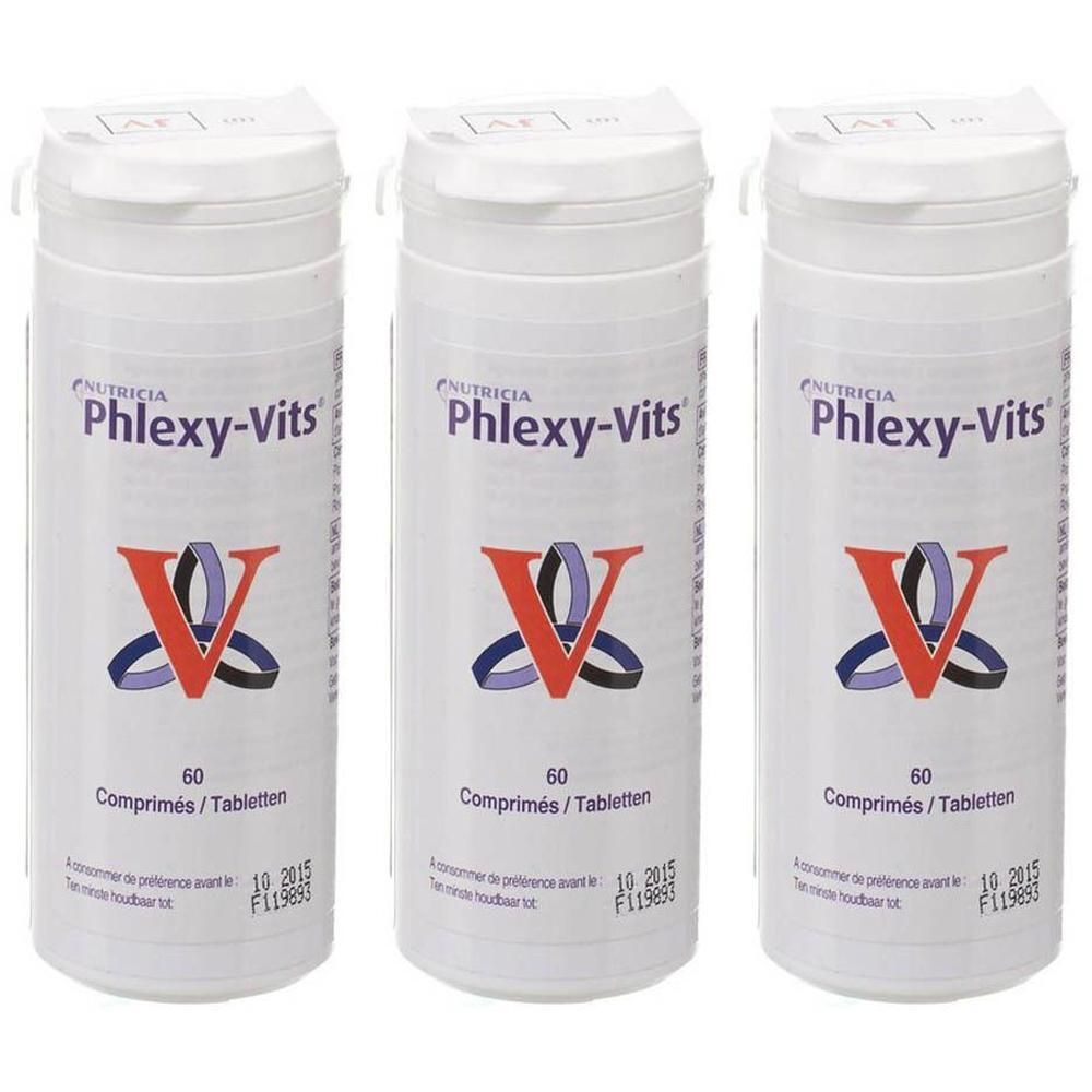 Drie witte containers met Nutricia Phlexy-Vits tabletten, 60 per stuk.