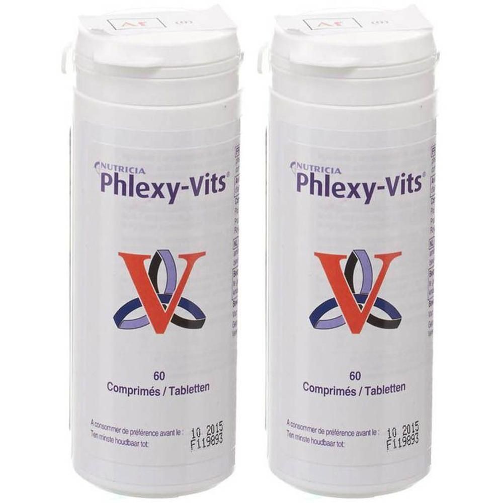 Twee witte containers met Nutricia Phlexy-Vits, 60 tabletten per stuk.