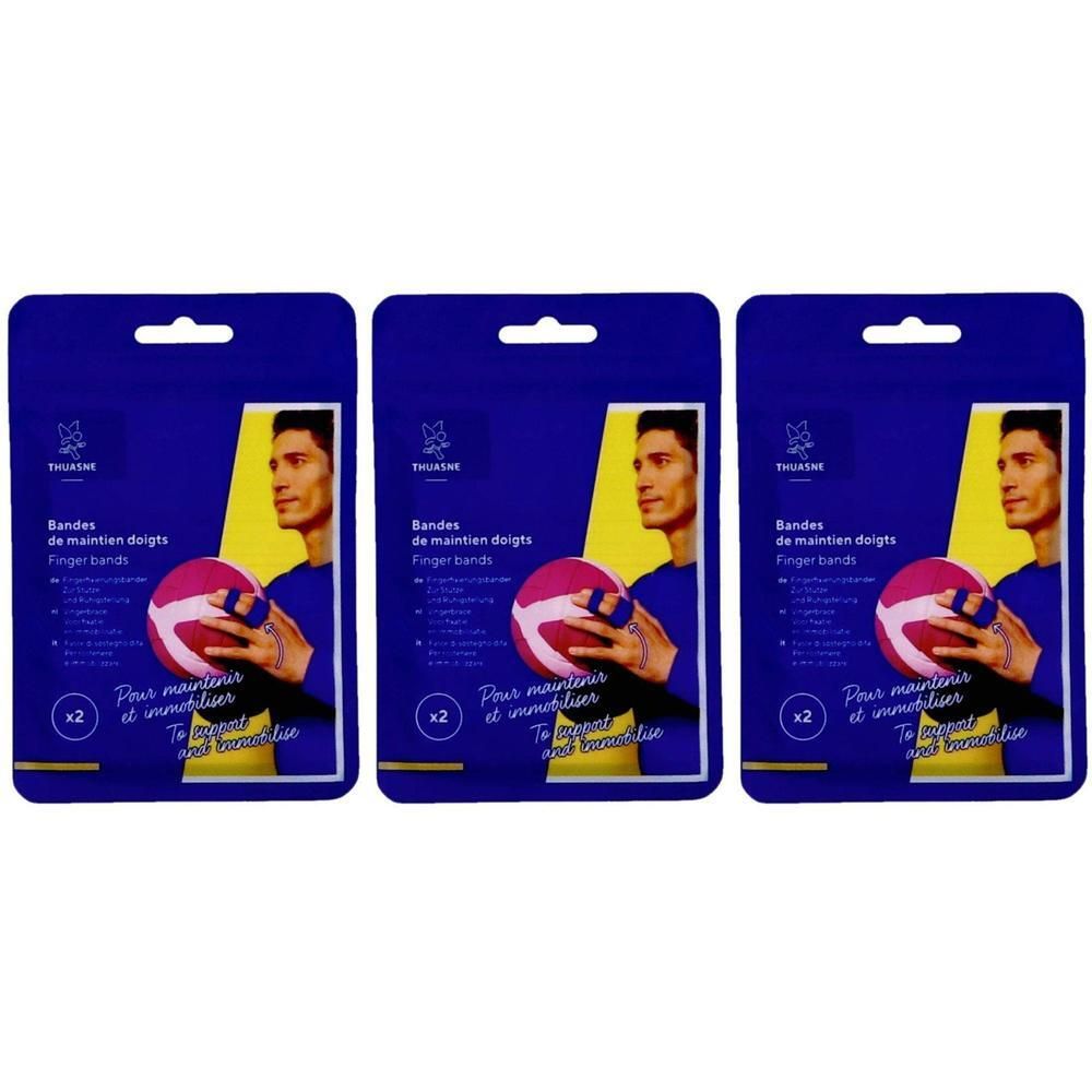 Trois paquets de bandes pour doigts pour maintien et immobilisation, deux bandes par paquet.