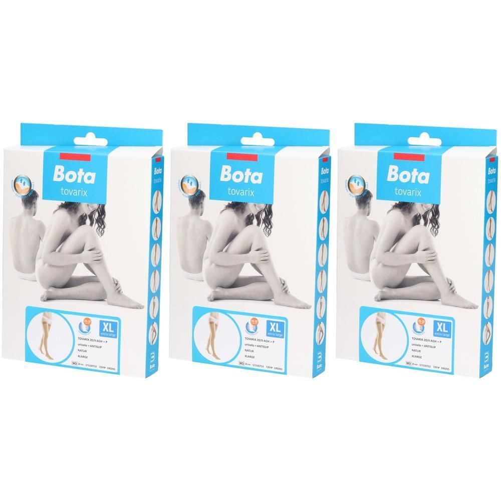 Drie pakken Bota tovaris compressiekousen maat XL. De verpakking toont een zittende vrouw en een staand persoon.