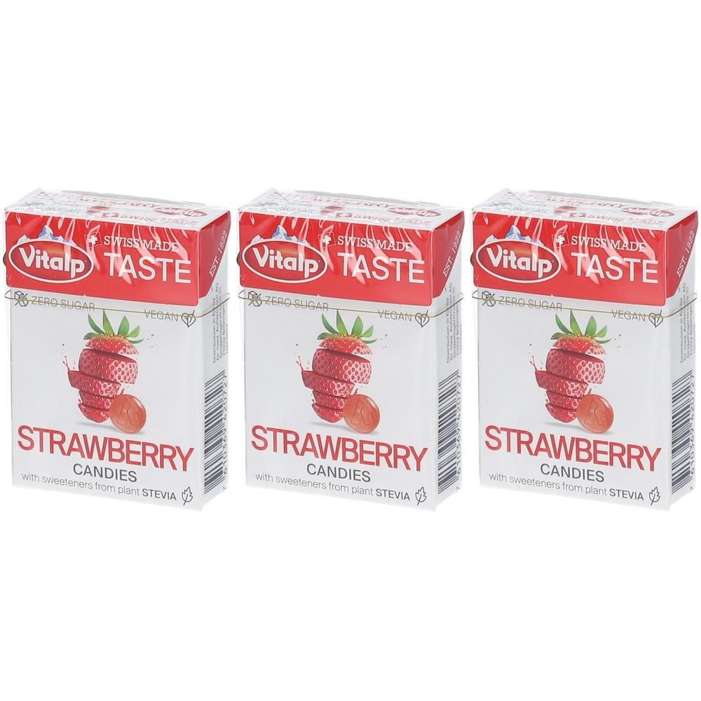 Trois paquets de bonbons Vitalp Fraise sans sucre à la stévia.