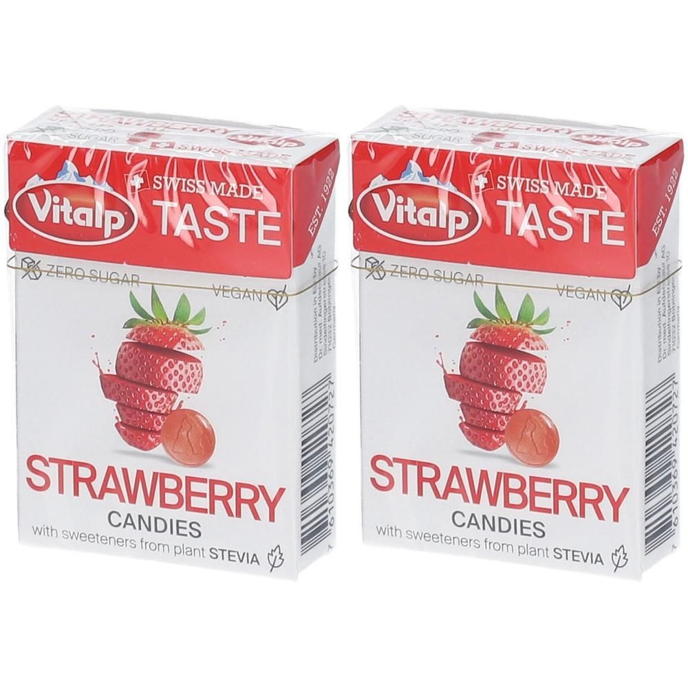 Deux boîtes de bonbons Vitalp Fraise sans sucre, édulcorés à la stévia.
