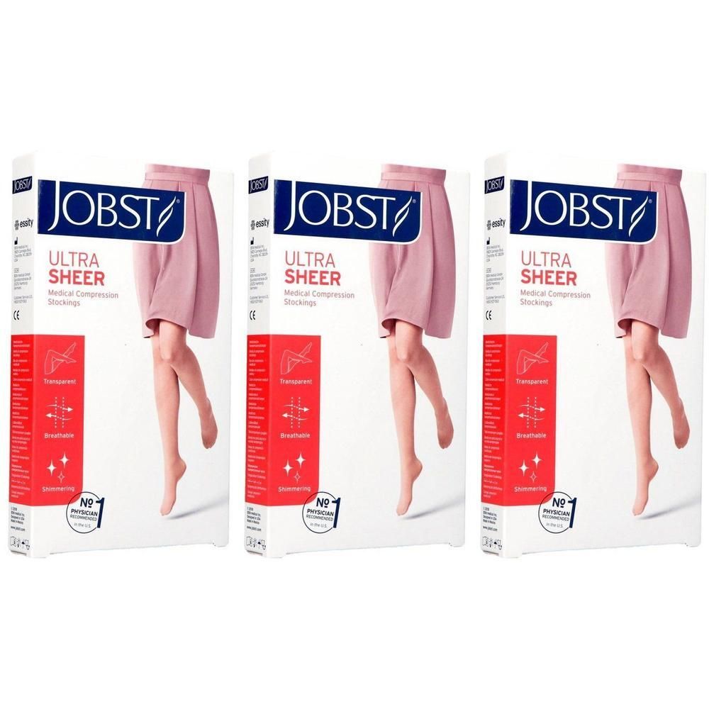 Trois paquets de bas de contention Jobst Ultra Sheer. Jambe rose, pointe transparente.