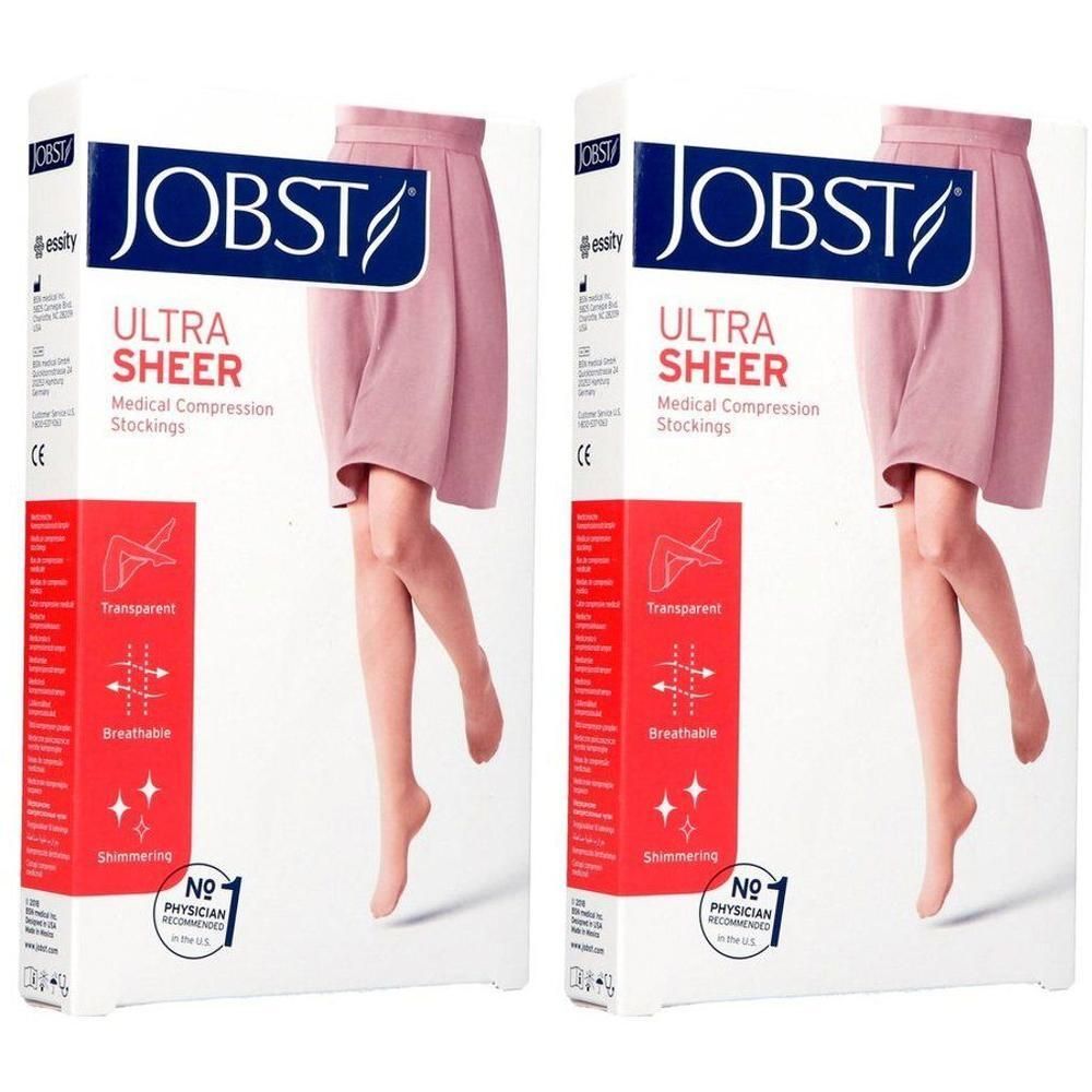 Emballage de bas de contention Jobst Ultra Sheer. Montre des jambes portant des bas transparents couleur chair.