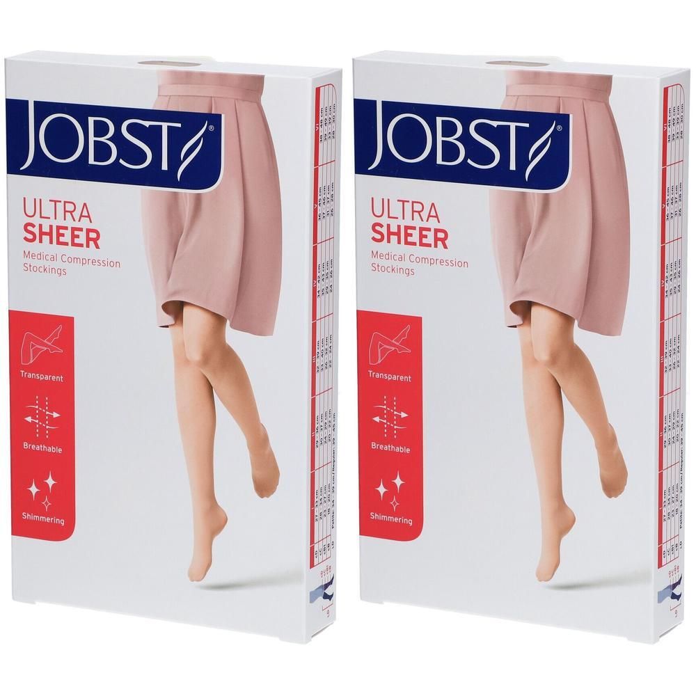 Deux paquets de bas de contention Jobst Ultrasheer, couleur chair, avec une image de femme portant des bas.