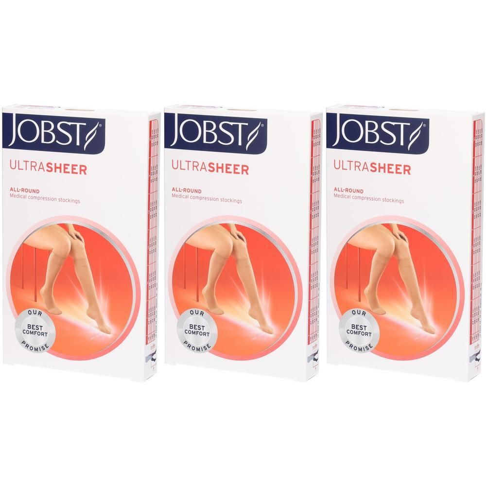 Trois boîtes de bas de compression JOBST Ultrasheer, médicaux, polyvalents. Couleur beige.