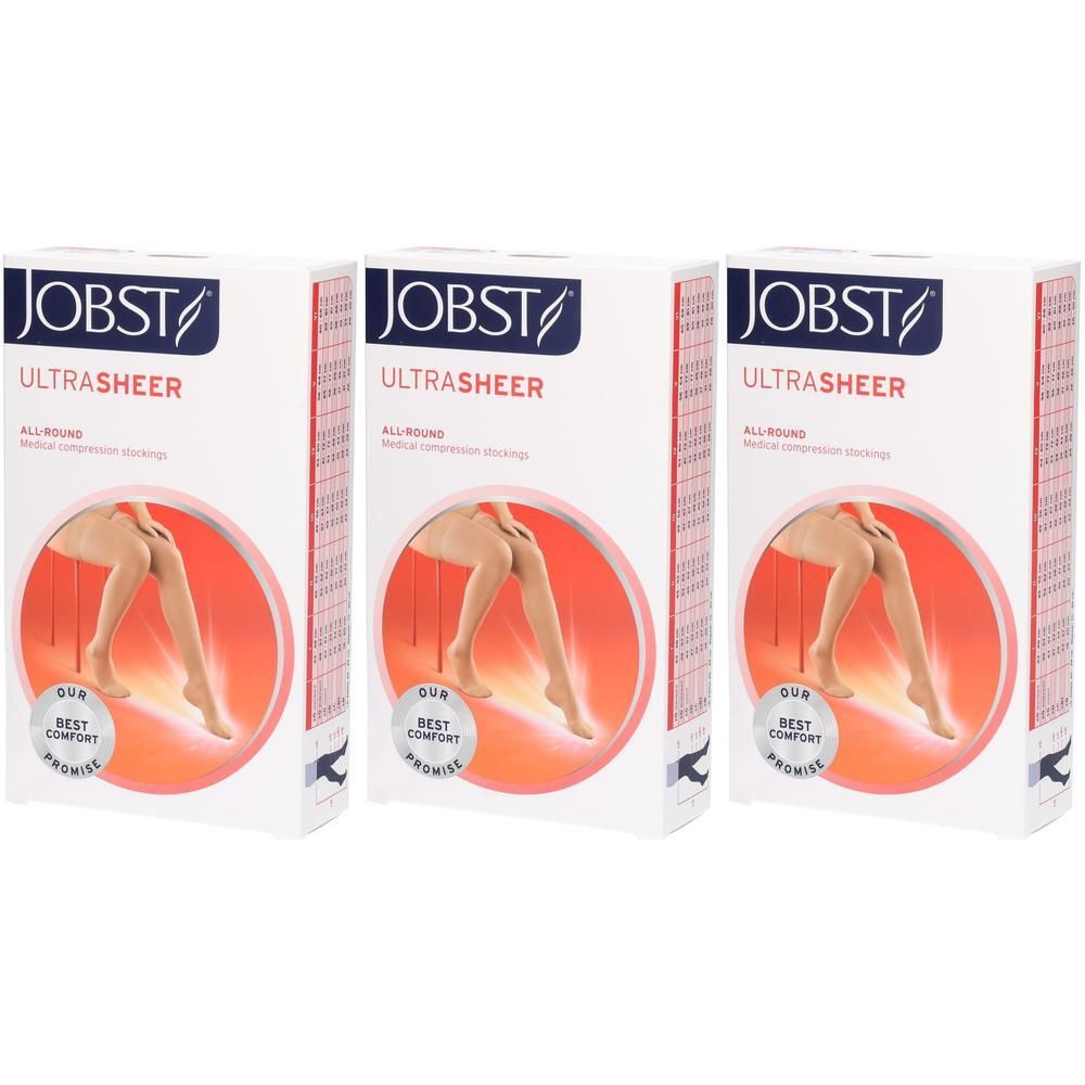 Drie dozen JOBST Ultrasheer compressiekousen, van voren afgebeeld.