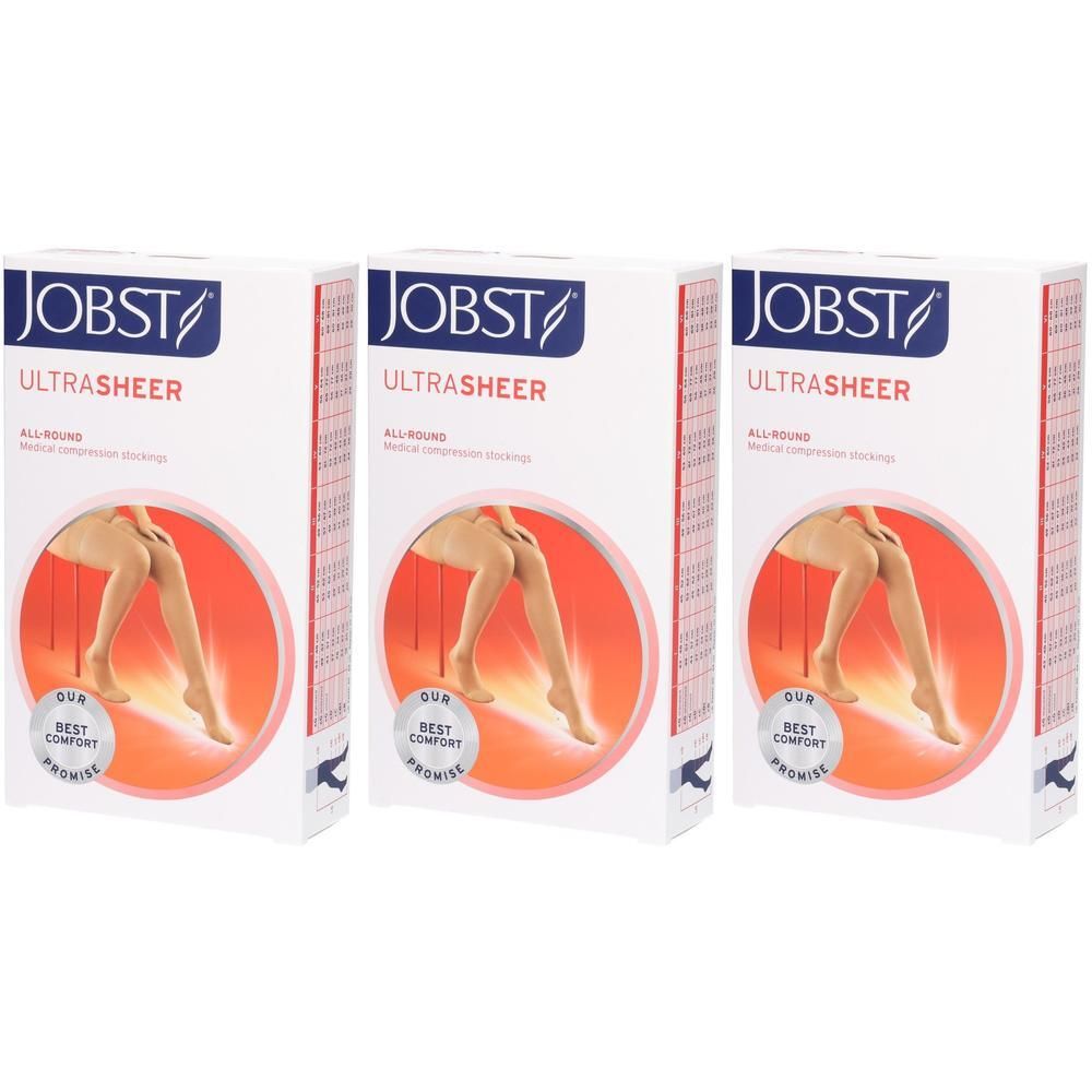 Drie pakken Jobst Ultrasheer compressiekousen. Witte dozen met afbeeldingen van vrouwenbenen.