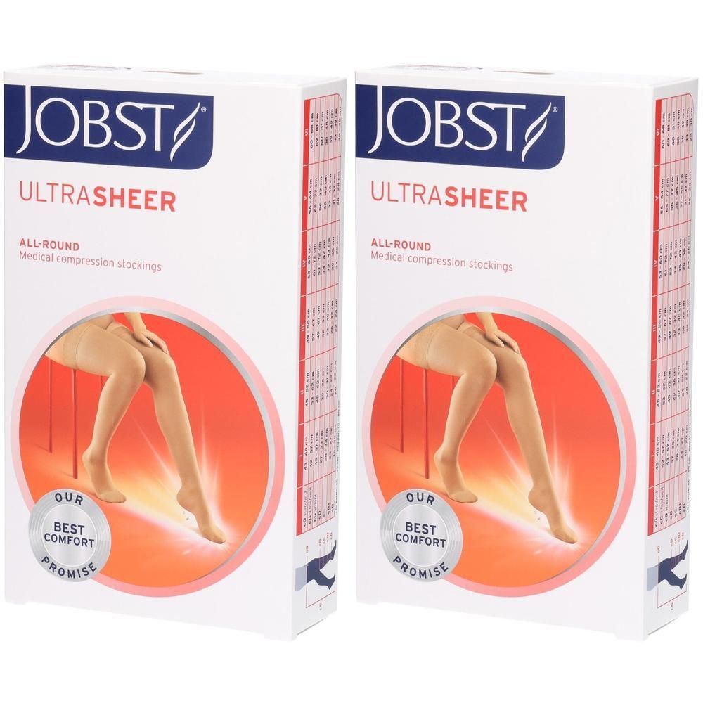 Twee dozen met Jobst Ultrasheer medische compressiekousen. Toont vrouwenbenen in huidkleurige kousen.