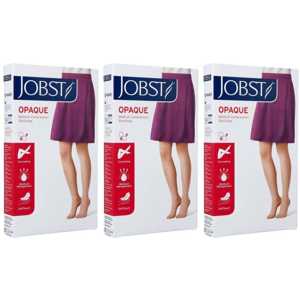 Drie verpakkingen JOBST Opaque medische compressiekousen in beige. Bovenaan is een been met kous afgebeeld.