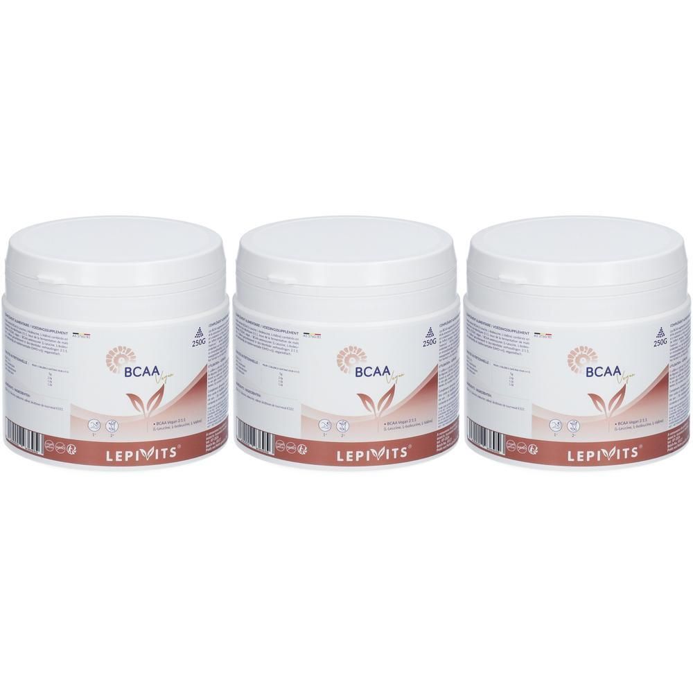 Drie witte containers met Lepivits BCAA Vegan etiket.