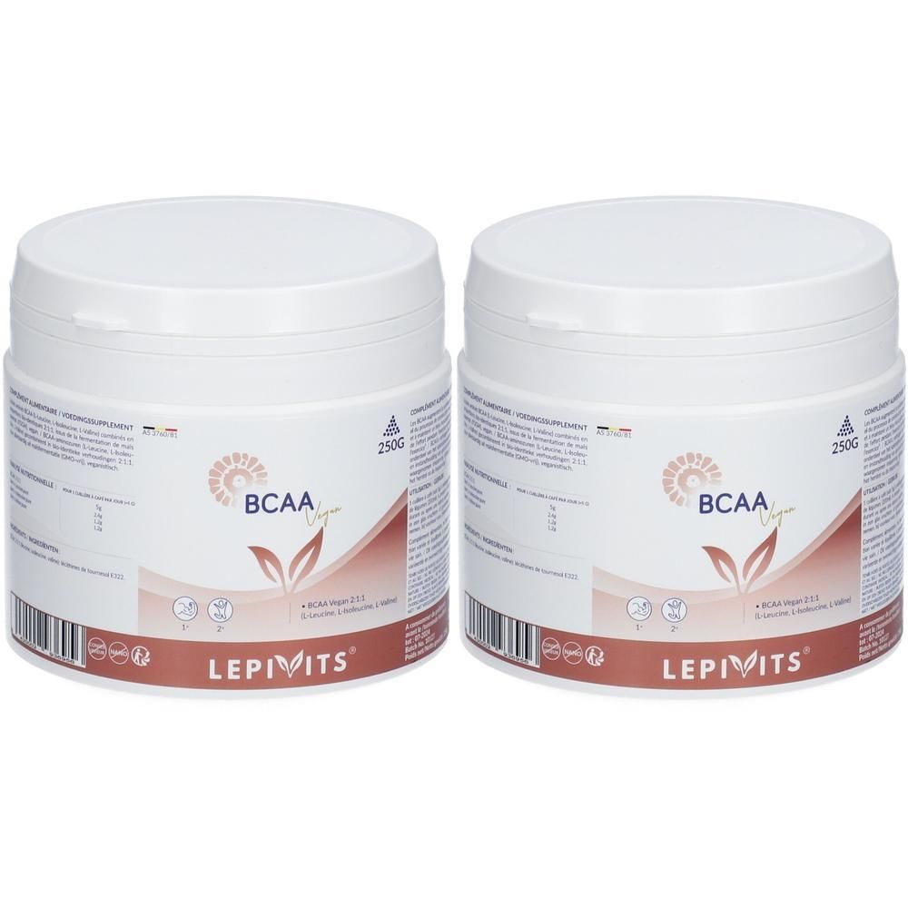 Deux pots blancs de poudre BCAA Vegan de Lepivits. 250g par pot.