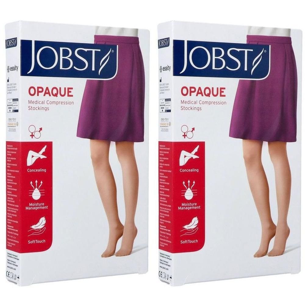Emballage JOBST Opaque Medical Compression Stockings avec deux paires de bas couleur chair.