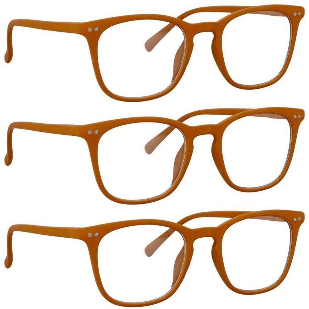 Trois paires de lunettes orange à verres rectangulaires et branches.