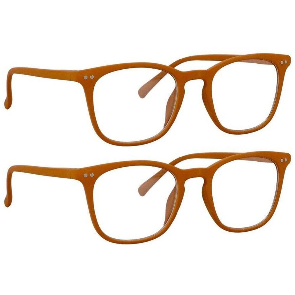 Deux paires de lunettes orange à monture carrée et verres transparents.