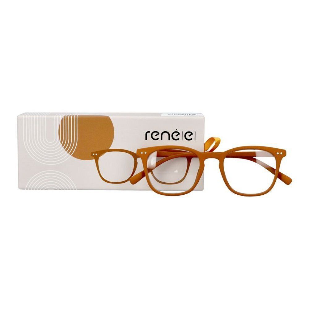 Une lunette orange à monture carrée et une plus petite lunette à côté, avec emballage.