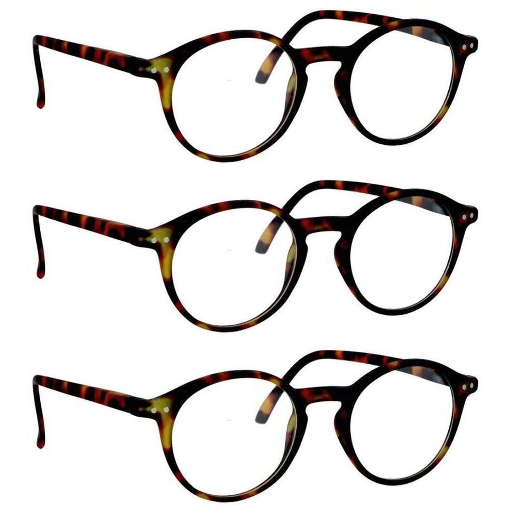 Trois paires de lunettes de lecture à motif écaille de tortue et verres ronds.