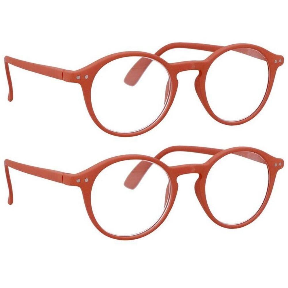 Lunettes de lecture à monture orange et verres carrés.