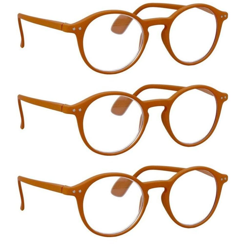 Trois lunettes de lecture oranges à monture ronde.