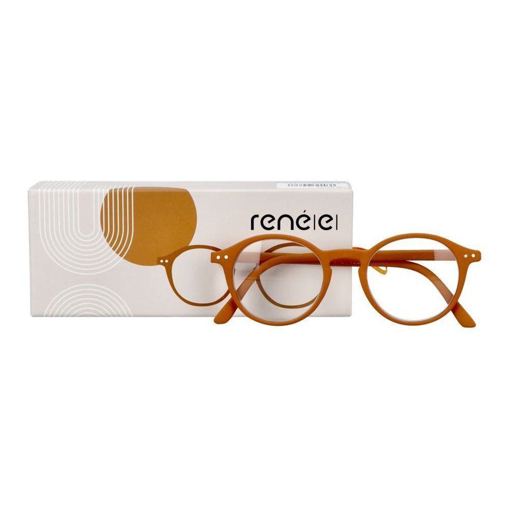 Lunettes de lecture orange à monture ronde avec emballage assorti.