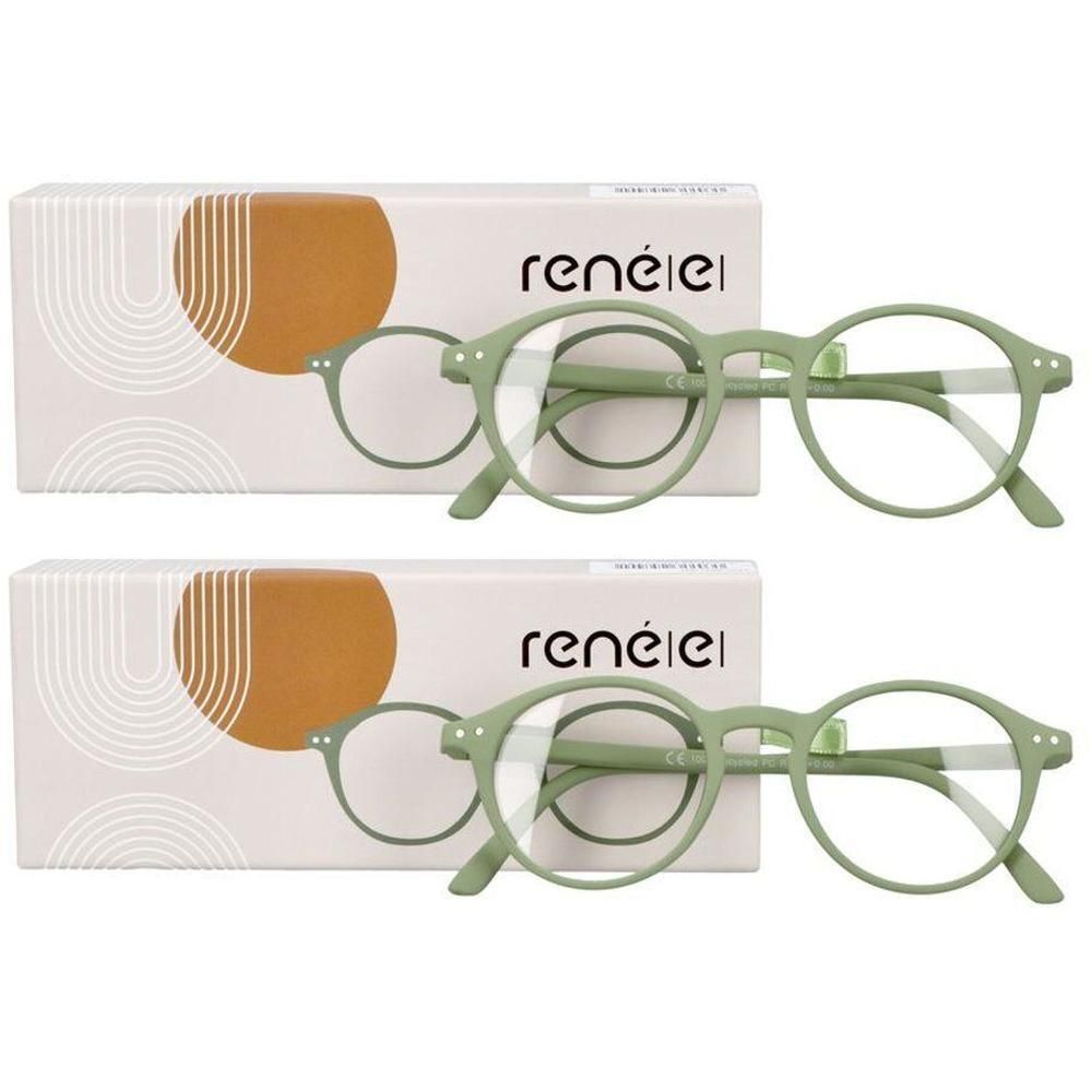 Twee paar René|e| brillen +2.0 Re-y05 Monstera Leaf Green met verpakking.